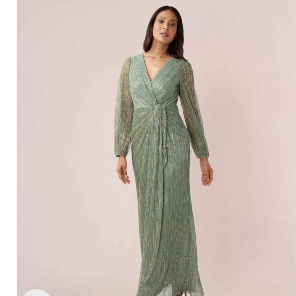 NWT Adrianna Papell metallic crinkled mesh draped long gown in green sla…